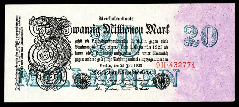 Német hiperinflációs, 20.000.000 márkás bankjegy 1923-ból.