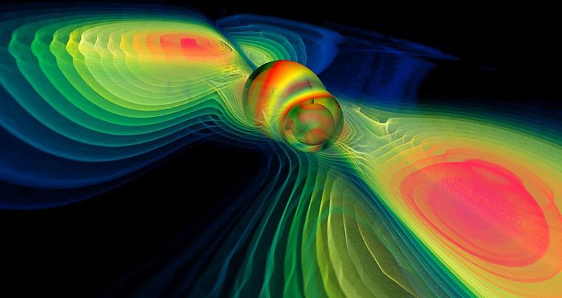 fekete lyukak összeütközése nyomán keletkező gravitációs hullámok (szimulációs kép)