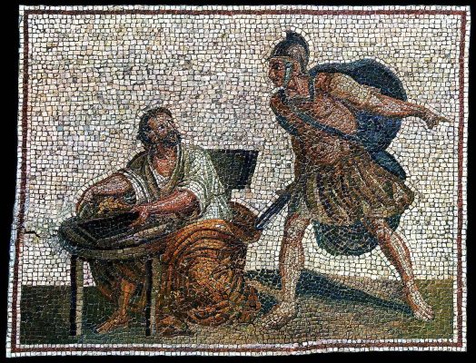 Arkhimédész és az őt megölő római katona egy II. századi római mozaikon