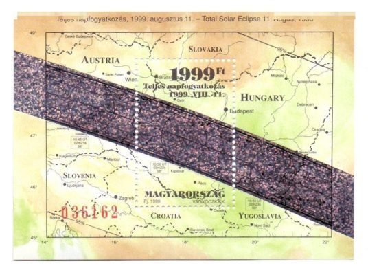Emlékbélyeg a hazánkból is látható 1999-es teljes napfogyatkozásról